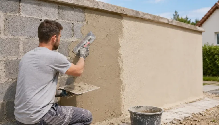 Maçon appliquant un enduit sur un mur de clôture en parpaings dans le jardin d’une maison