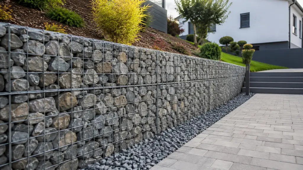 Mur en gabion rempli de pierres naturelles dans un jardin moderne avec allée pavée