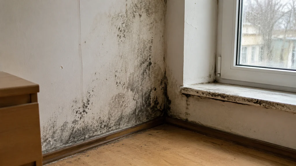Mur moisi avec taches noires d’humidité près d’une fenêtre dans un logement mal ventilé