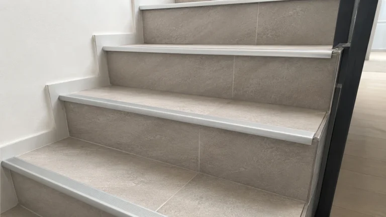 Escalier carrelé avec nez de marche antidérapants en aluminium pour protéger les arêtes des marches