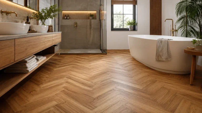 Parquet en bois dans une salle de bain moderne avec baignoire îlot, douche vitrée et ambiance chaleureuse.