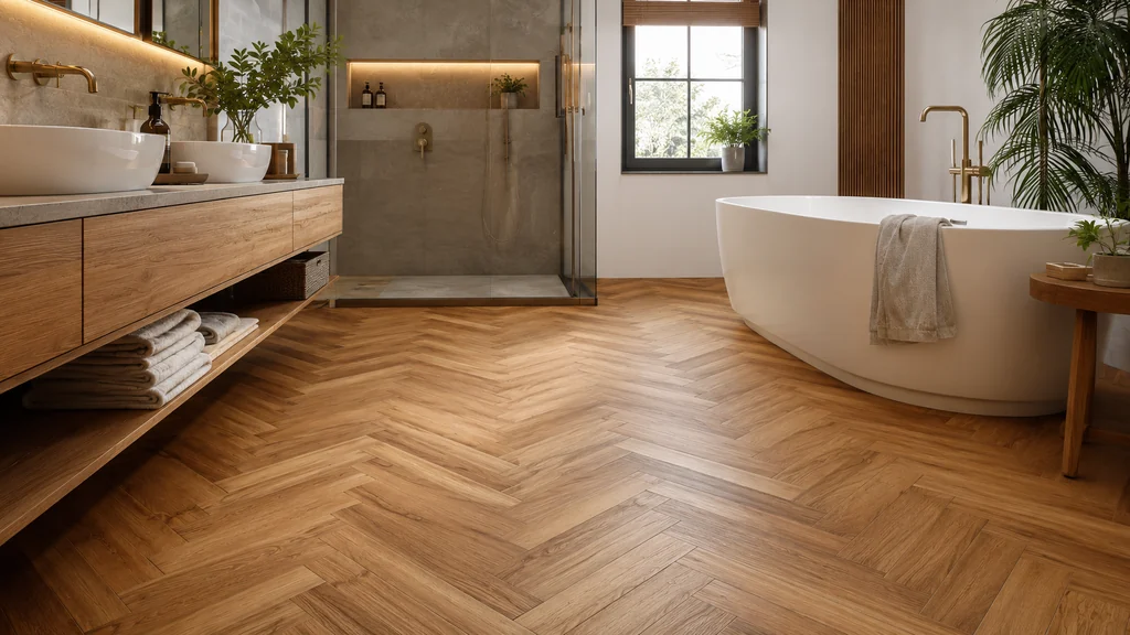 Parquet en bois dans une salle de bain moderne avec baignoire îlot, douche vitrée et ambiance chaleureuse.