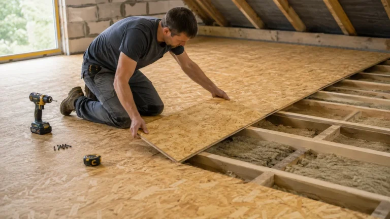 Pose d’un plancher OSB sur solives dans des combles en rénovation avec visseuse et panneaux bois.