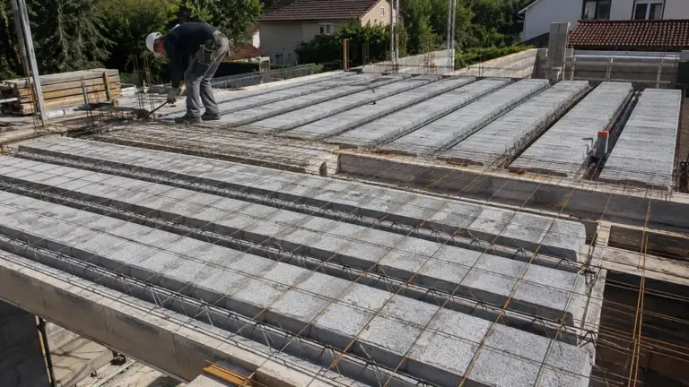 Pose d’un plancher poutrelle hourdis avec entrevous en béton et treillis soudé sur un chantier de construction.