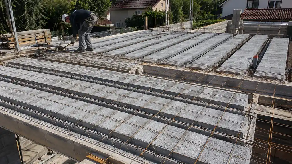 Pose d’un plancher poutrelle hourdis avec entrevous en béton et treillis soudé sur un chantier de construction.