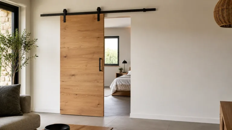 Porte coulissante en applique en bois installée sur un rail noir dans un intérieur moderne et lumineux.