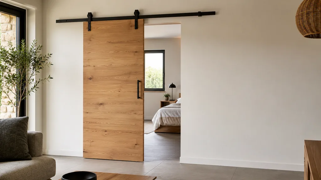 Porte coulissante en applique en bois installée sur un rail noir dans un intérieur moderne et lumineux.