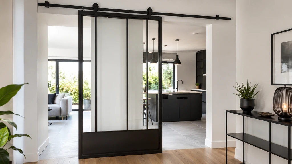 Porte coulissante verrière noire séparant une cuisine moderne d’un salon lumineux