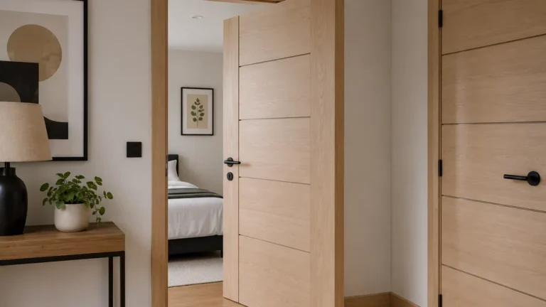 Porte d’intérieur en bois clair installée dans un couloir rénové donnant sur une chambre moderne.