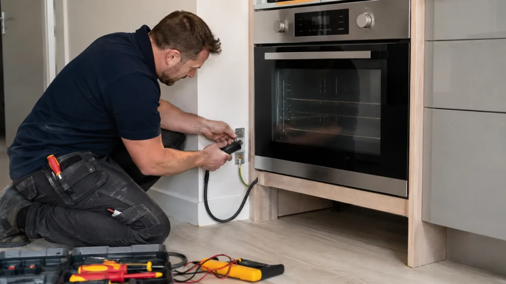 Branchement d’un four encastrable sur une prise dédiée dans une cuisine moderne, avec raccordement électrique sécurisé.