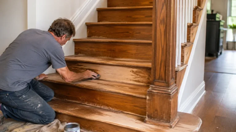 Rénovation d’un escalier en bois ancien avec ponçage manuel des marches dans une maison lumineuse.