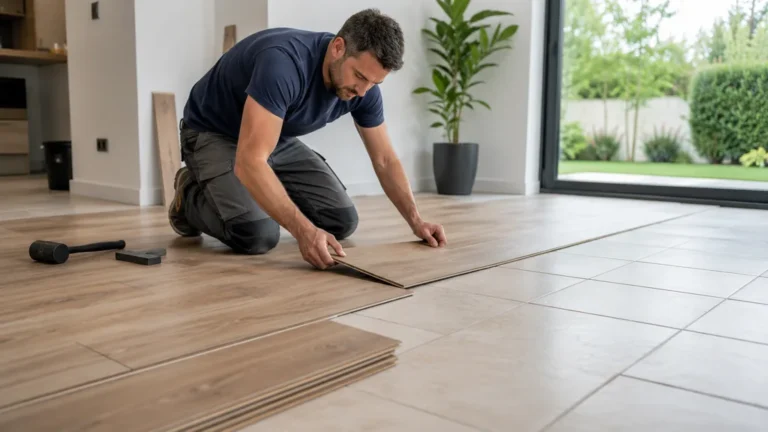 Pose de lames de sol effet bois directement sur un ancien carrelage dans une pièce moderne en rénovation.