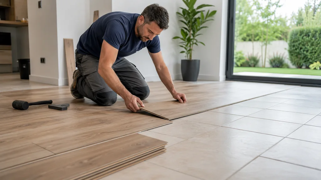 Pose de lames de sol effet bois directement sur un ancien carrelage dans une pièce moderne en rénovation.