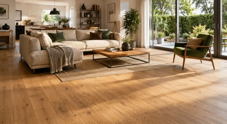 Salon moderne et lumineux aménagé sur un parquet en chêne naturel à larges lames