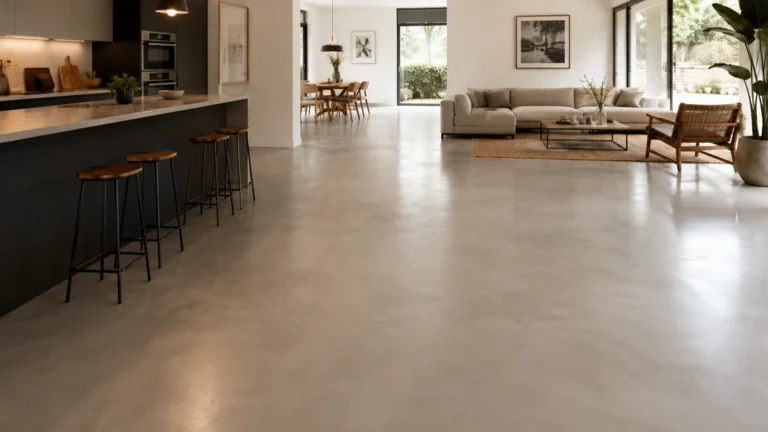 Sol en béton ciré moderne dans un intérieur lumineux avec cuisine ouverte et salon contemporain.