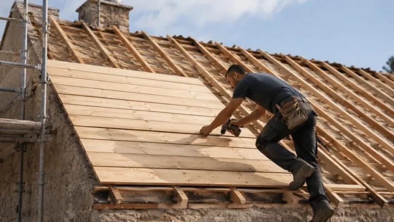 Artisan posant des voliges en bois sur une charpente lors d’un chantier de toiture