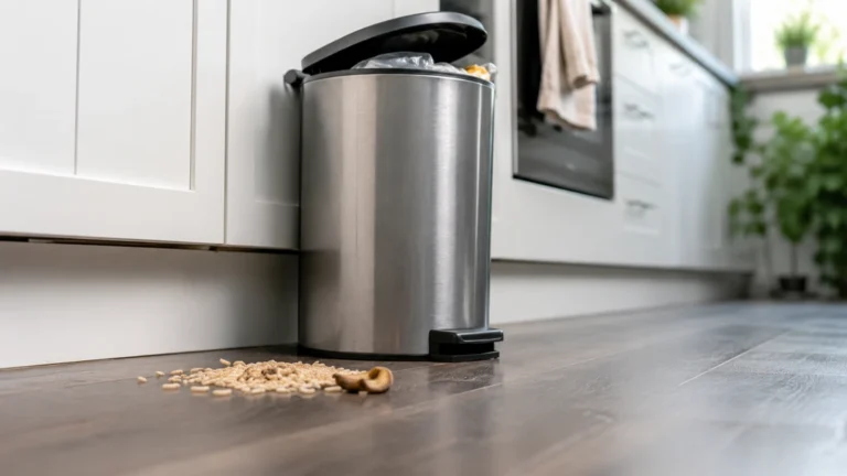 Asticots dans une cuisine près d’une poubelle contenant des déchets alimentaires