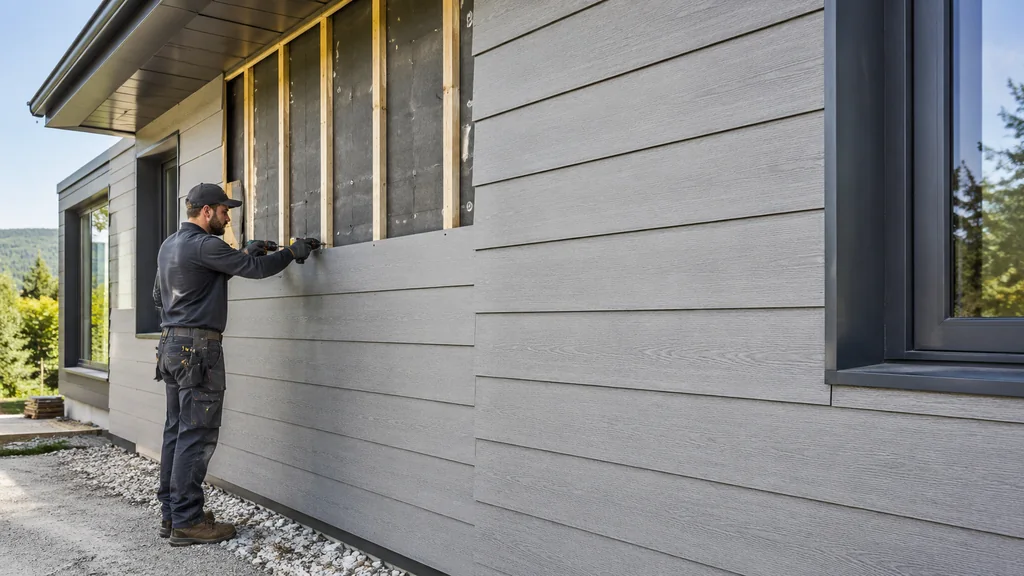 Pose d’un bardage fibro ciment gris sur la façade ventilée d’une maison moderne