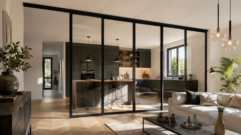 Cloison vitrée intérieure en aluminium noir séparant une cuisine moderne d’un salon lumineux