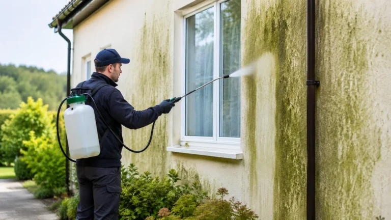 Démoussage d’une façade de maison couverte de mousses et de traces vertes
