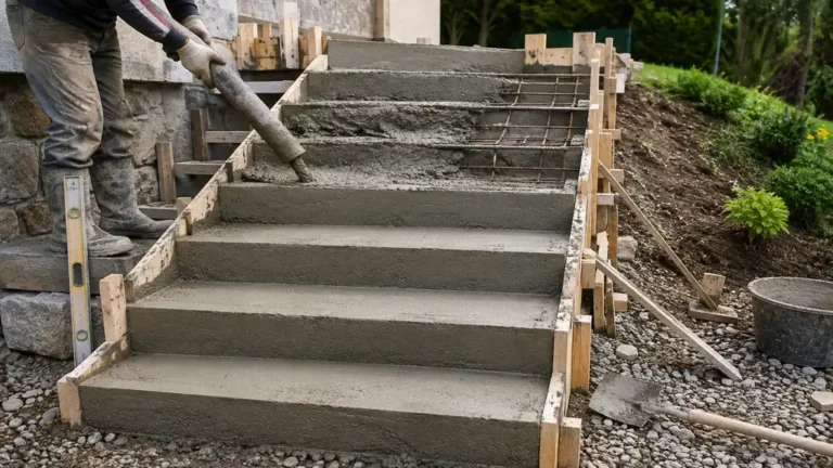 Construction d’un escalier extérieur en béton avec coffrage, ferraillage et coulage des marches