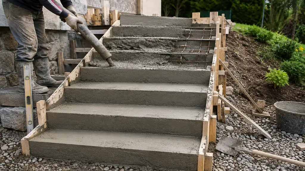 Construction d’un escalier extérieur en béton avec coffrage, ferraillage et coulage des marches