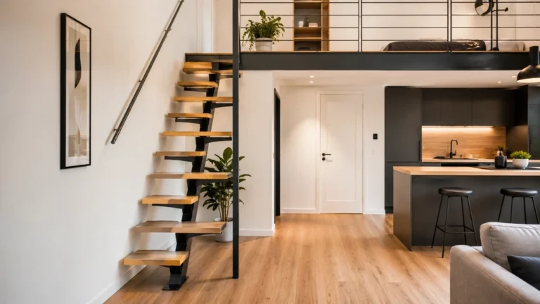 Escalier pas japonais à marches alternées menant à une mezzanine dans un intérieur moderne
