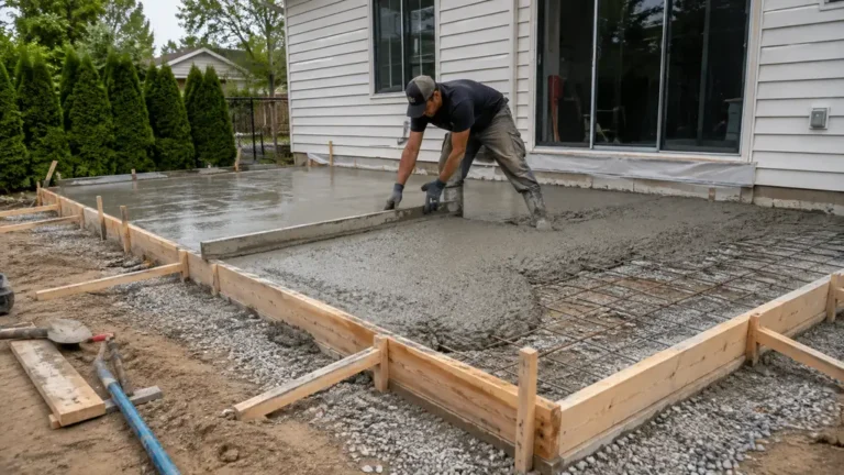 Ouvrier tirant à la règle une dalle en béton fraîchement coulée dans un coffrage en bois