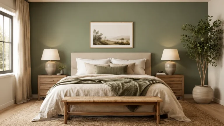 Chambre adulte avec mur vert sauge, mobilier en bois clair et linge de lit beige