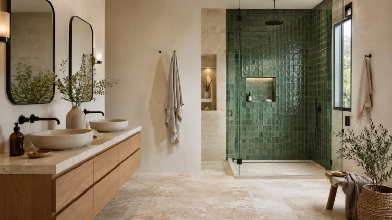 Salle de bain moderne avec carrelage travertin au sol et zellige vert dans la douche