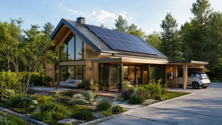 Maison du futur équipée de panneaux solaires, de grandes baies vitrées et de solutions énergétiques durables