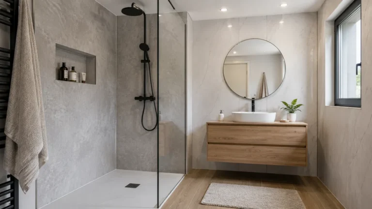 Salle de bain moderne avec panneaux muraux PVC effet pierre dans une douche à l’italienne