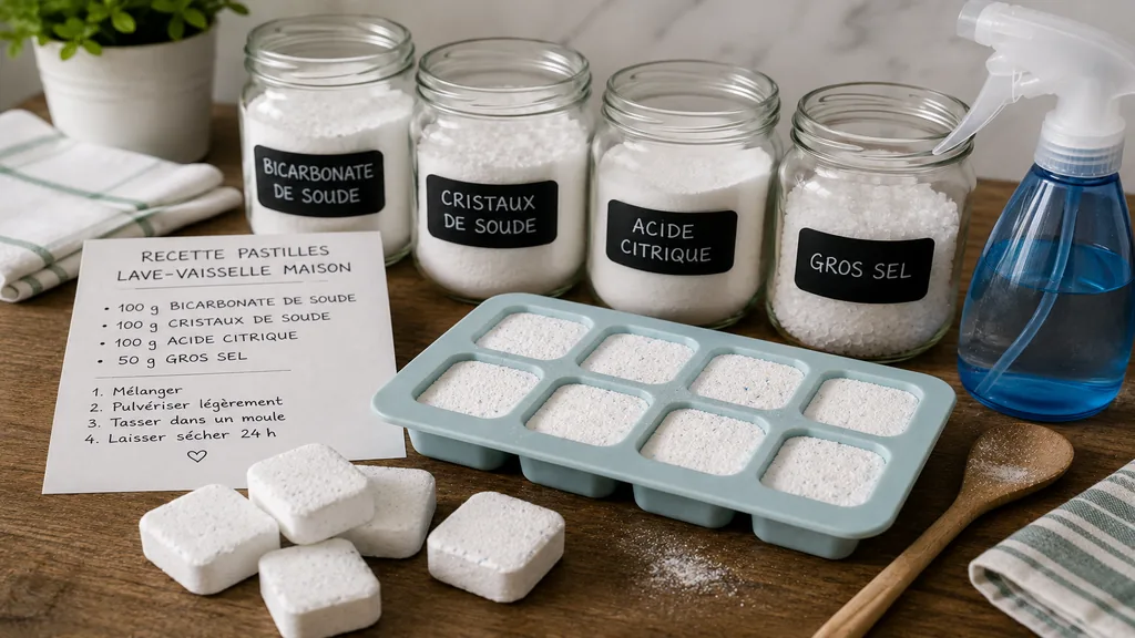 Préparation de pastilles lave-vaisselle maison avec bicarbonate de soude, cristaux de soude, acide citrique et gros sel