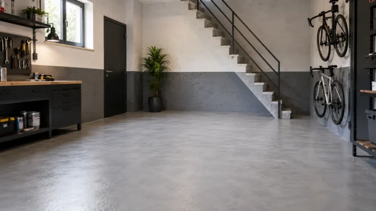 Mur et sol en béton peints dans un atelier moderne après préparation du support