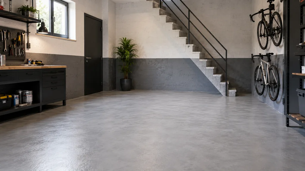 Mur et sol en béton peints dans un atelier moderne après préparation du support