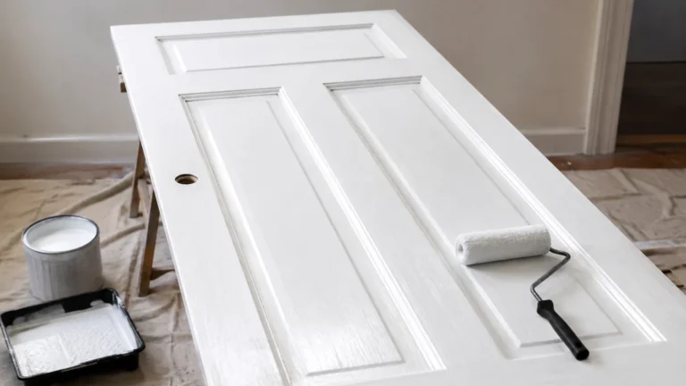 Porte en bois posée sur des tréteaux avec un rouleau et un bac de peinture blanche