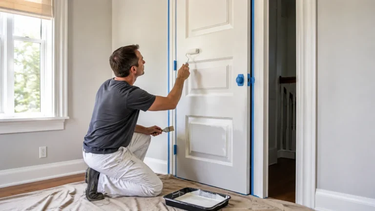 Peintre appliquant une peinture blanche sur une porte intérieure protégée par du ruban de masquage