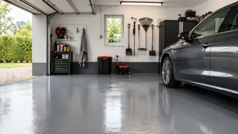 Sol de garage recouvert d’une peinture époxy grise résistante avec voiture stationnée