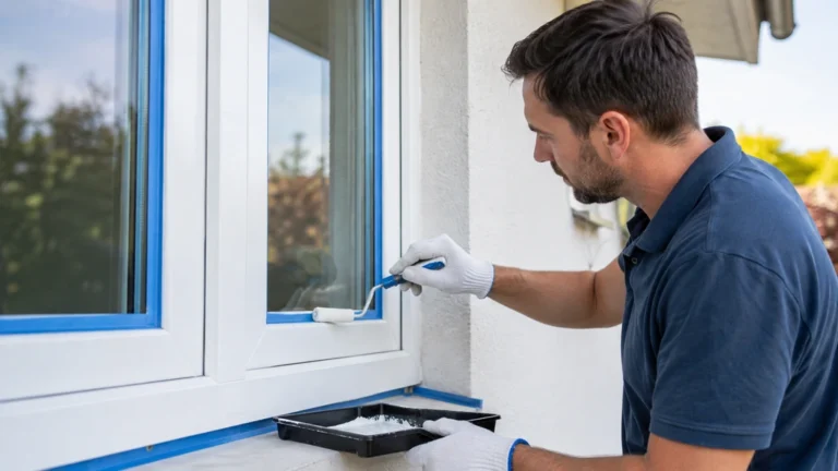 Peinture d’un cadre de fenêtre en PVC avec un petit rouleau et du ruban de masquage