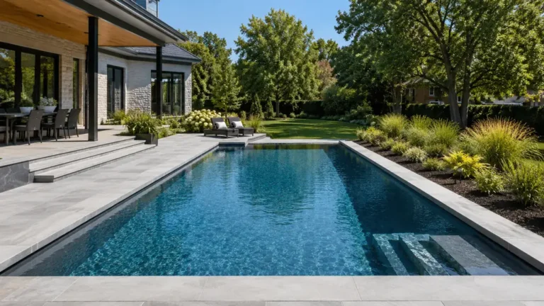 Piscine en béton enterrée intégrée dans un jardin moderne avec terrasse en pierre