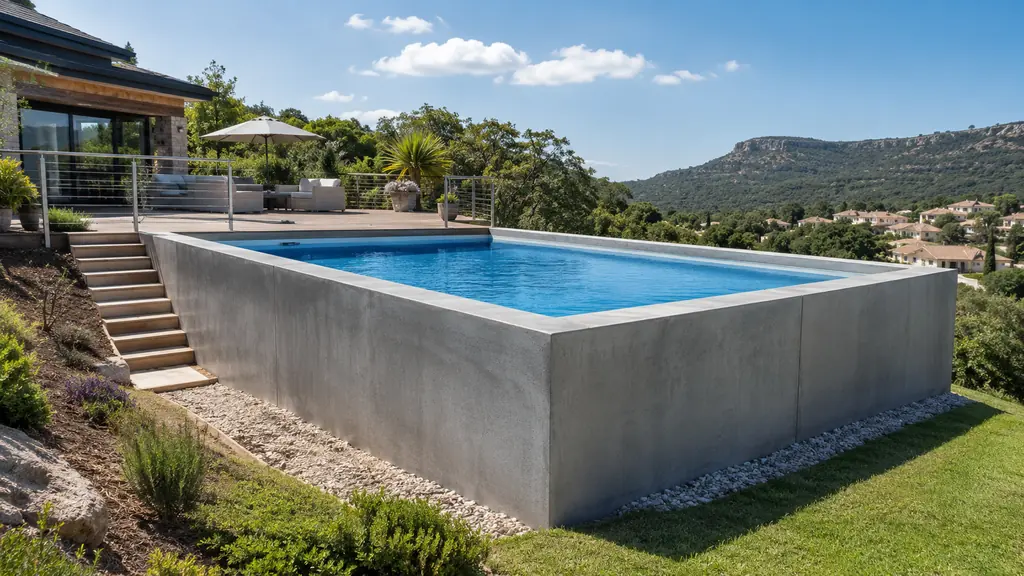 Piscine hors sol en béton installée sur un terrain en pente avec accès par escalier