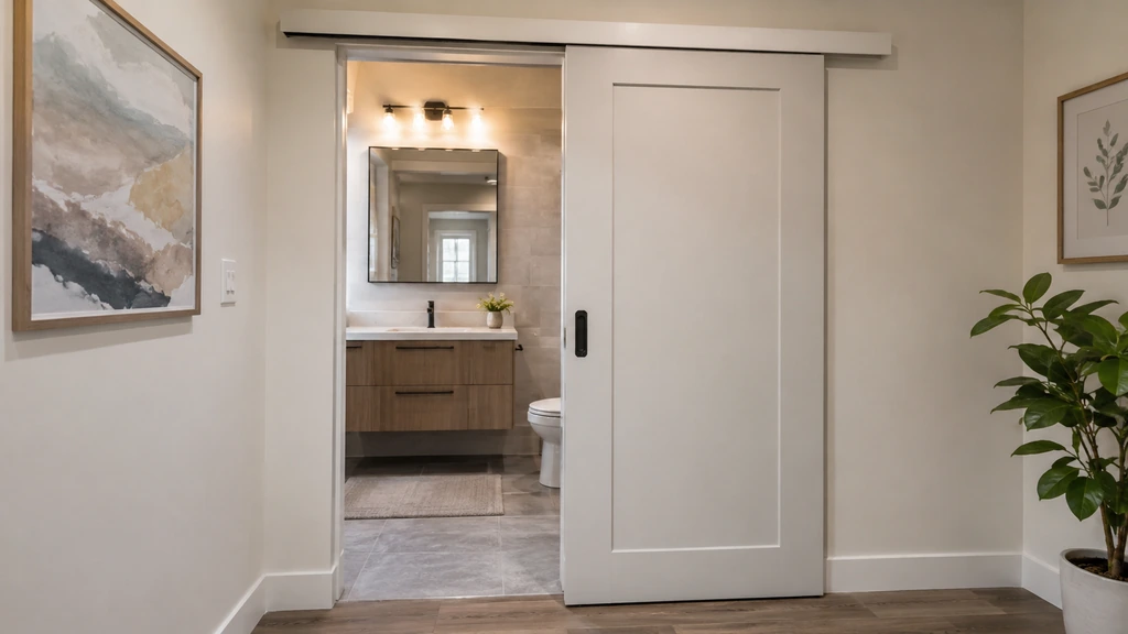 Porte coulissante intérieure donnant accès à une salle de bain moderne