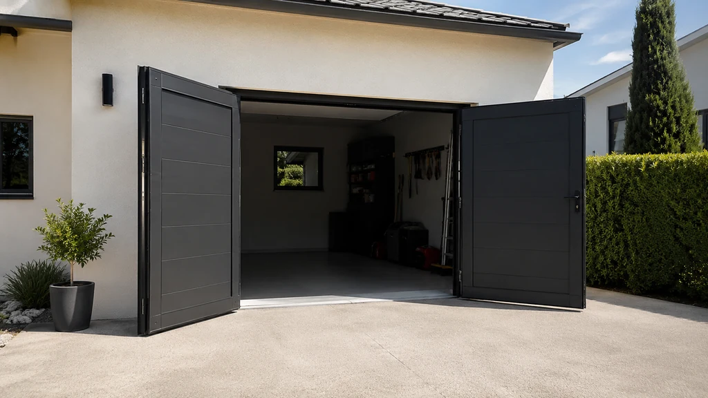 Porte de garage battante à deux vantaux ouverte vers l’extérieur devant une maison moderne