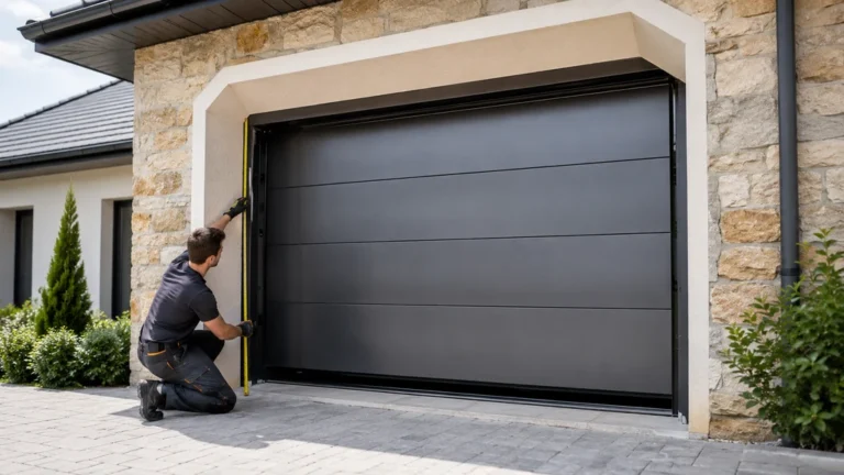 Technicien prenant les mesures d’une porte de garage sectionnelle conçue sur mesure