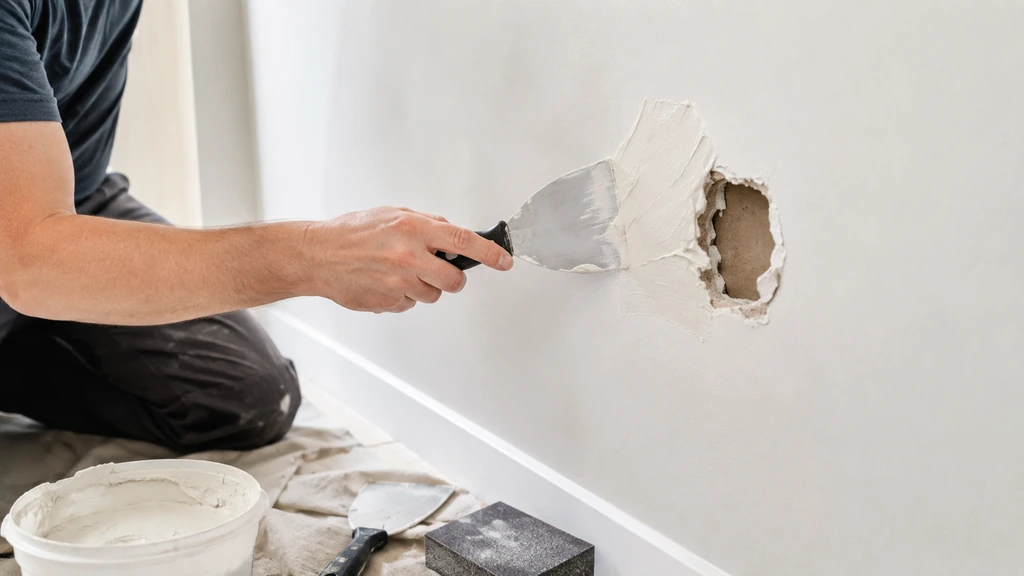 Rebouchage d’un trou dans un mur avec enduit et couteau à enduire