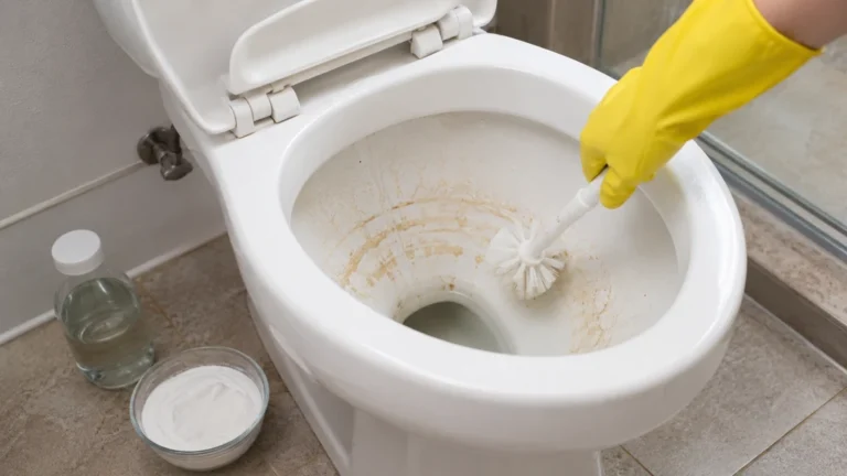 Nettoyage du tartre incrusté dans une cuvette de WC avec une brosse et un produit anticalcaire