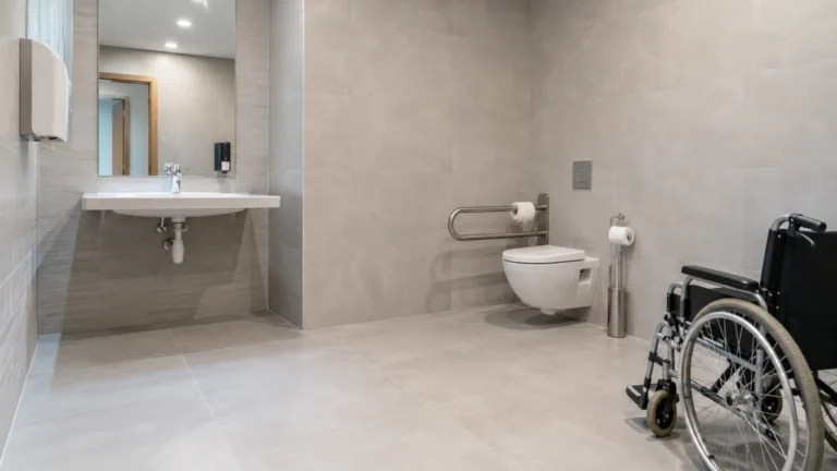 Toilette PMR avec barre d’appui, lavabo accessible et espace de manœuvre pour fauteuil roulant