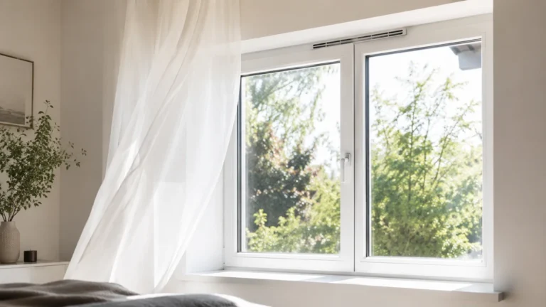 Fenêtre équipée d’une grille de ventilation laissant entrer l’air neuf dans une chambre