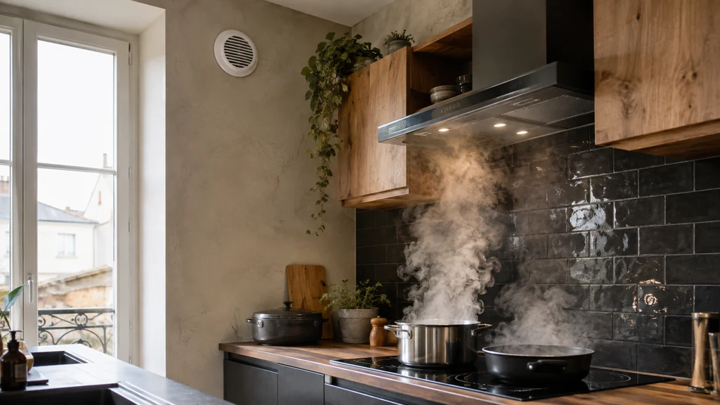 Cuisine moderne équipée d’une bouche de VMC évacuant la vapeur produite pendant la cuisson