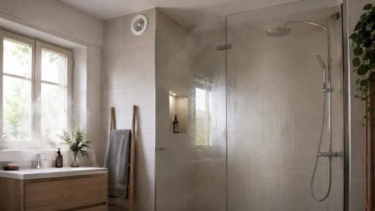 Salle de bain moderne équipée d’une bouche de VMC près de la douche pour évacuer l’humidité